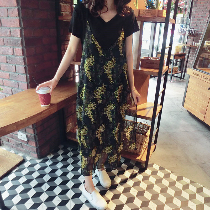 2022 new summer chiffon mid-length version slim dress women's light mature style loose floral suspender skirt two-piece set