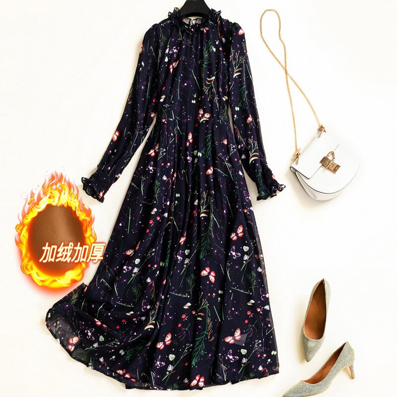 2022 autumn dress Western style waist and thin chiffon long skirt French retro loose floral long-sleeved dress women