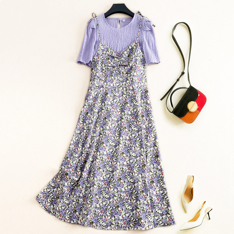 2022 summer light cooked style Western style slim sling dress broken flower taro purple two-piece large size women's clothing