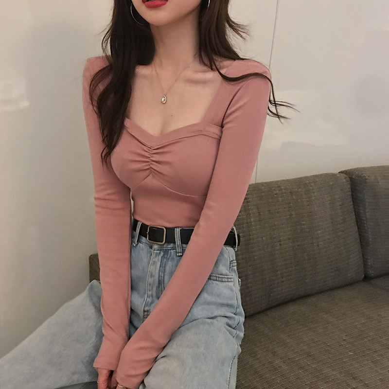 2020 new spring and autumn gentle wind long-sleeved square-neck short bottoming shirt top Western style slim sexy knitted sweater women