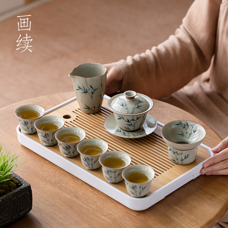 Hand-Painted Bamboo Gaiwan Kung Fu Tea Set with Ash Glaze, Complete Set for Home Use in the Living Room, Includes Tea Cups and Tea Tray