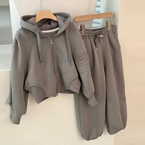 Girls fleece fashion sports suit Korean childrens clothing autumn and winter childrens casual thickened hooded sweater jacket pants