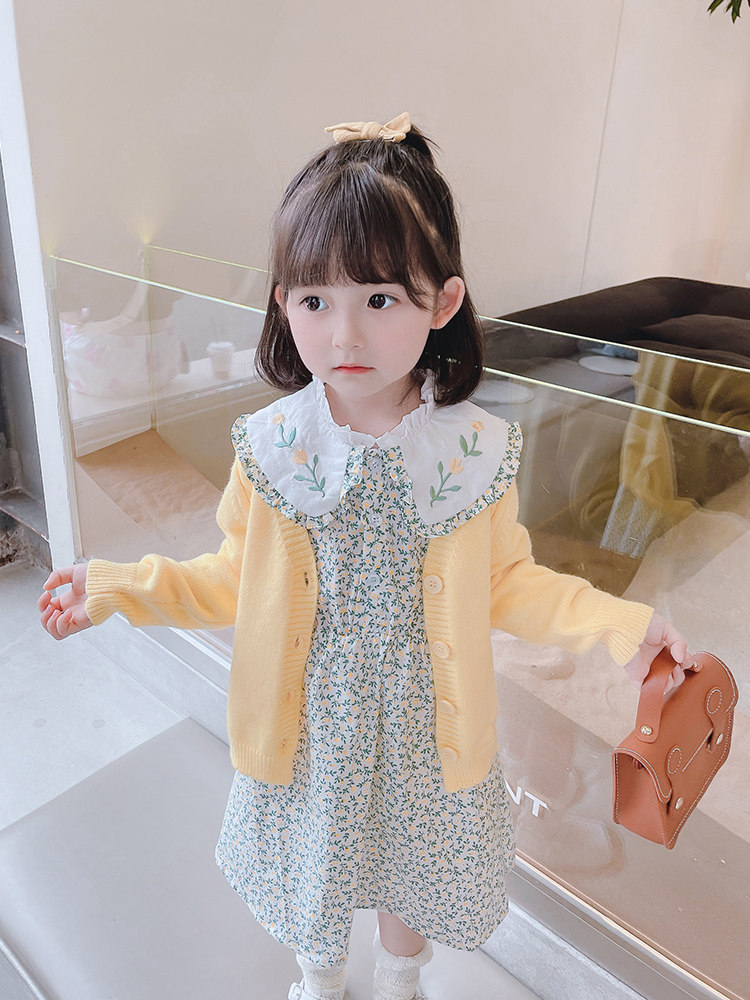 Girls Autumn Dress Set Western Style Spring and Autumn Knitted Coat Girl Baby New Children's Floral Dress Two-piece Set