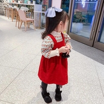 2021 Autumn Winter New Suit Korean Version Knit Undershirt Children Dress Thickening Lamp Core Suede Harness Skirt two sets