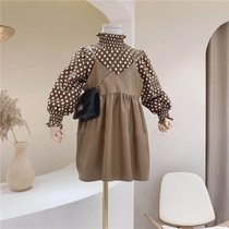 Childrens Clothing 2021 Autumn Winter Girls Comeback Bubble Sleeves Glint point Blouse Leather Trowel Pendant with Skirt Suit