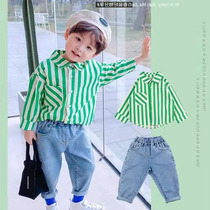 Boy autumn winter suit 2021 new children green striped shirt baby cow pants two sets of childrens clothing