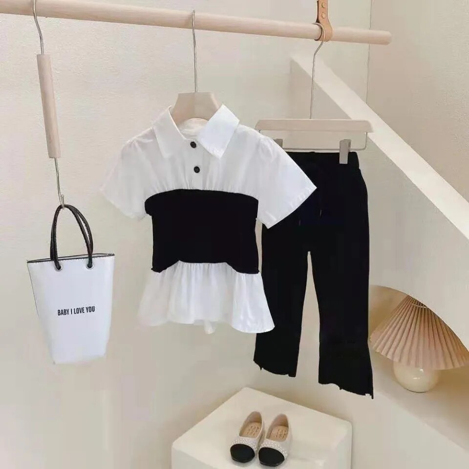Single Children's Little Fragrance Package 2023 Spring Girls' Ocean Shirt Pure Color Flexibility Jeans two pieces