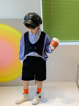 Boy Clothing Boy Splicing Shirts Pure Cotton 2022 Spring Autumn New Children Clothing Foreign Air Trendy Stripes Fake Two Lining Clothes