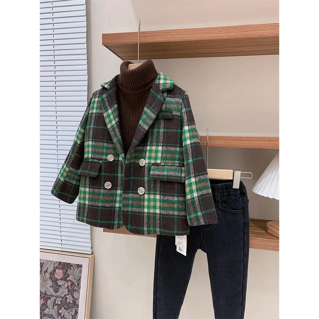 Girl's jacket 2022 springtime Inlan wind retro green gaggle cotton thickened double-row buttoned suit collar fur