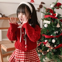 Girls green sweater New Years red baby girl autumn and winter advanced green knitted cardigan foreign style thick needle Chinese trend