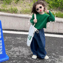 Childrens clothing boys and girls knitted suit 2023 spring childrens Korean version solid color hooded fashionable baby suit