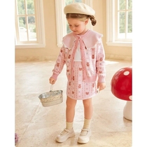 Sweet fashion Korean girls long-sleeved spring and autumn lapel cardigan foreign style cartoon skirt knitted lady suit