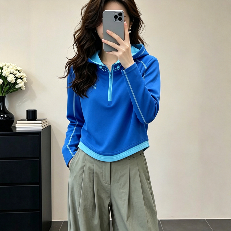 2026 Early Autumn New Klein Blue Hooded Sweatshirt for Petite Women, Age-Reducing, Versatile, Slimming, Base Hoodie Top 2026 Early Autumn New Klein Blue Hooded Sweatshirt for Petite Women, Age-Reducing, Versatile, Slimming, Base Hoodie Top