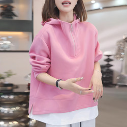 Pure Cotton Pink Fake Two-Piece Hooded Sweatshirt for Women 2025 Spring and Autumn New Style Loose Slimming Long-Sleeve Top for Plus-Size Women