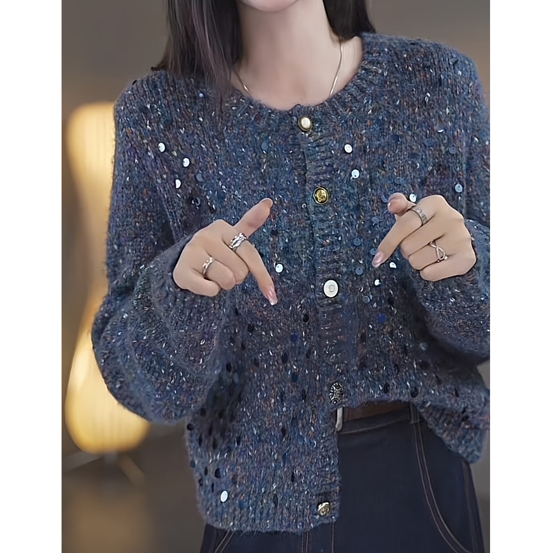 Tweed Style Blue Sequined Long-Sleeved Knitwear Jacket for Women 2026 Spring & Fall New Loose-Fitting High-End Top