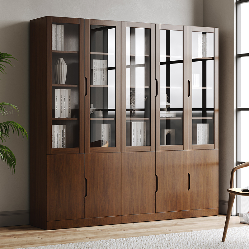 Solid Wood Oak Bookcase with Glass Door, Modern Simple Home Bookshelf, Walnut Color Floor-Standing Office File Cabinet