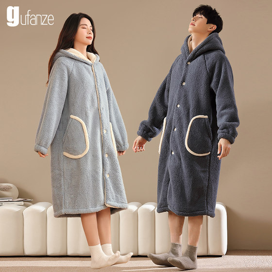 Couple's nightgown for women in winter plus velvet and thickened coral velvet autumn and winter hooded pajamas plus long bathrobe for men's home wear