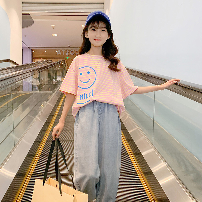 Girls' short-sleeved t-shirt summer 2023 new foreign style fashionable middle and big children's summer dress pure cotton half-sleeved children's top clothes