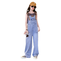 Girls denim overalls 2024 new style fashionable middle-aged and older childrens summer clothes childrens Korean version of Internet celebrity casual pants