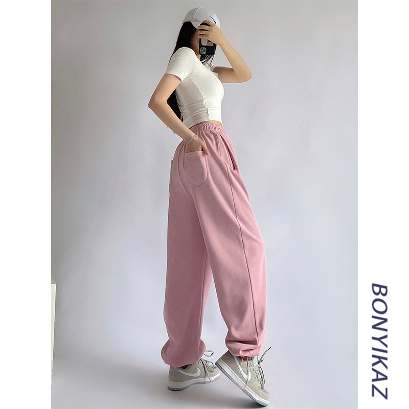 Trendy Blogger Style Loose-Fitting Sweatpants for Women, Spring and Autumn, Pink, Slimming, Drawstring Joggers, High-Waisted, Casual Straight-Leg Sweatpants