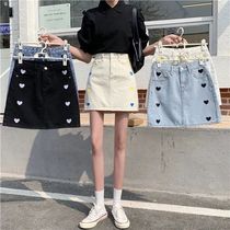 Love embroidery age high waist jeans short skirt red high waist a-letter skirt fashion skirt in wind skirt child