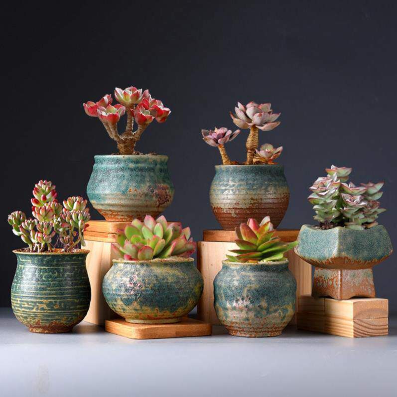 Various ceramic flowerpots succulent flowerpots rough pottery breathable large-caliber creative personality fleshy plant pots set combination