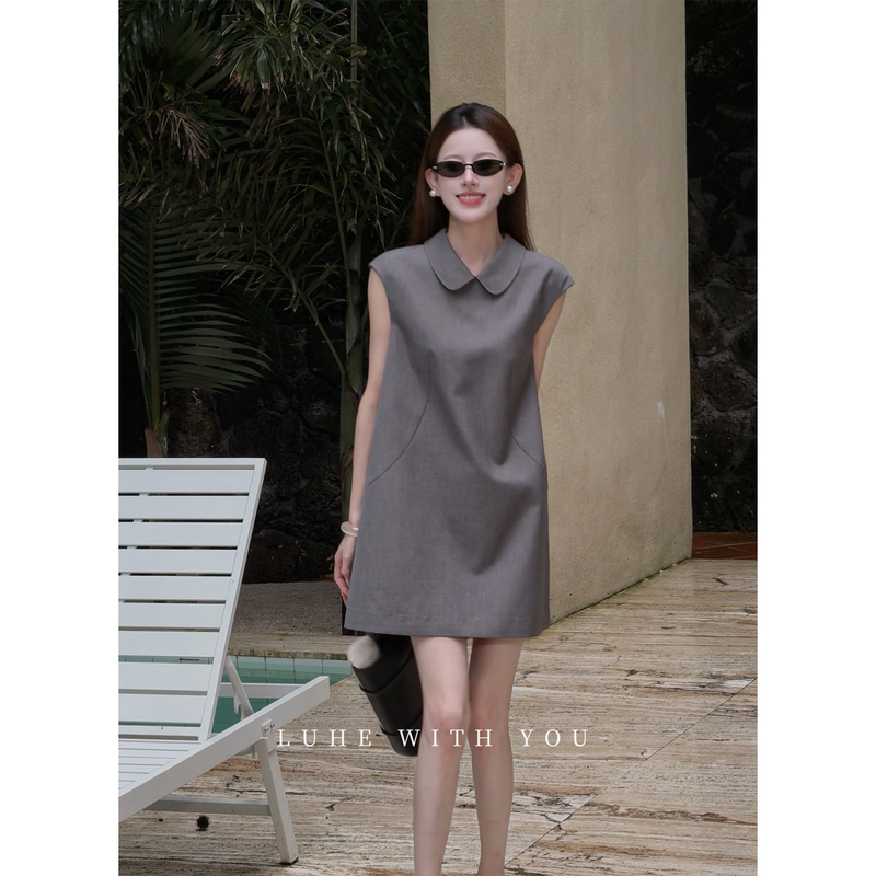 Luhe [Paris Gray Tone] Elegant Doll Collar Sleeveless Dress with a Slim Waist and Mid-Length Design