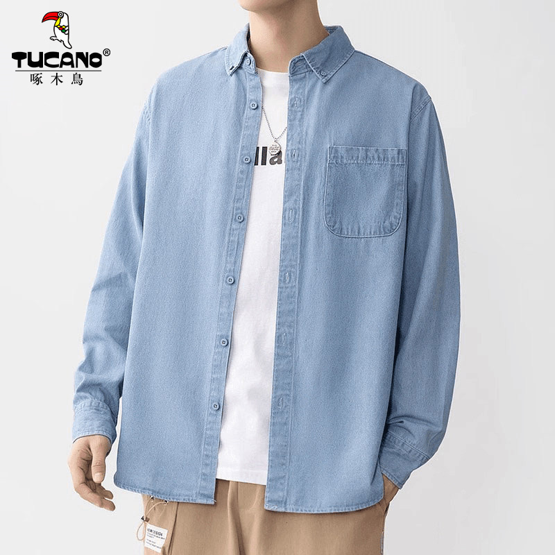 Woodpecker 2026 Summer New Denim Shirt Men's Long-Sleeved Hong Kong Style Loose Casual Workwear Jacket Solid Color Shirt Woodpecker 2026 Summer New Denim Shirt Men's Long-Sleeved Hong Kong Style Loose Casual Workwear Jacket Solid Color Shirt