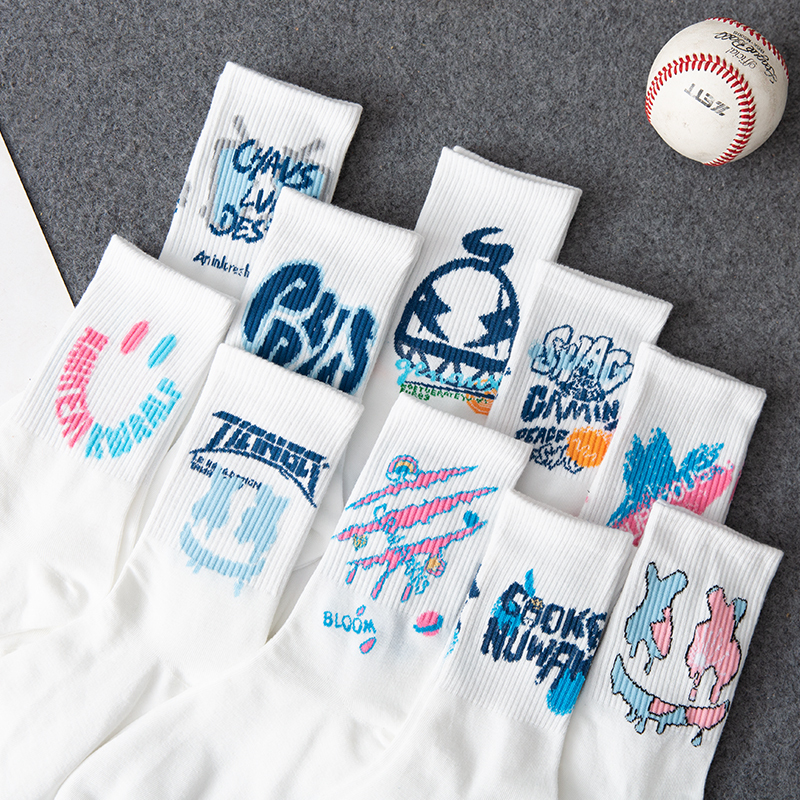 Socks Men's Mid-Calf Socks Women's Trendy Graffiti Long Socks Summer All-Cotton Deodorant Youth Sports Men's Boys' Basketball Socks