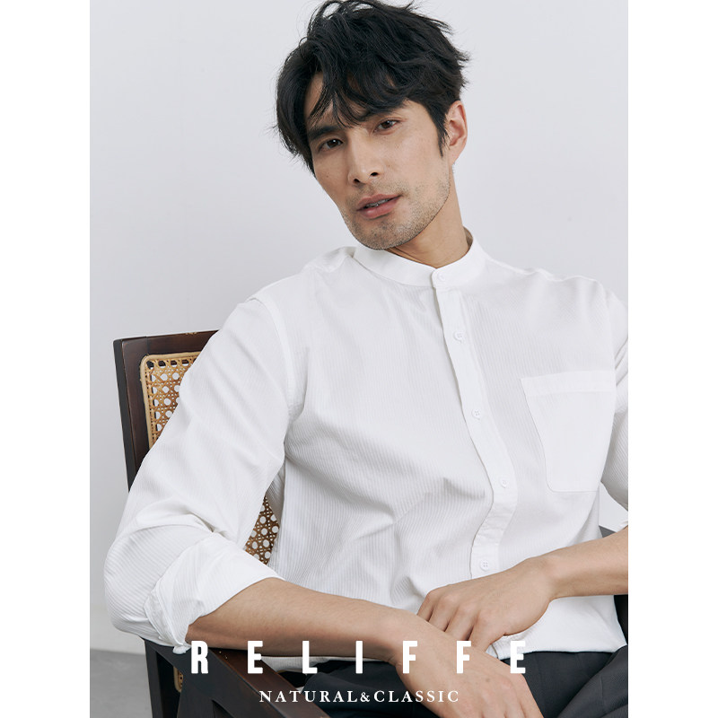 紳士用ダークストライプチャイニーズスタイルスタンドカラー純綿カジュアルシャツビジネス春秋長袖ノーカラーエンゲージメントホワイトシャツ