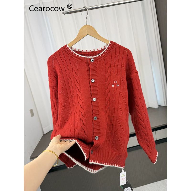 Hand-Stitched Embroidered Red Cardigan Sweater Jacket for Men and Women, Autumn and Winter Cable Knit Sweater, Cleanfit Knitwear, Trendy