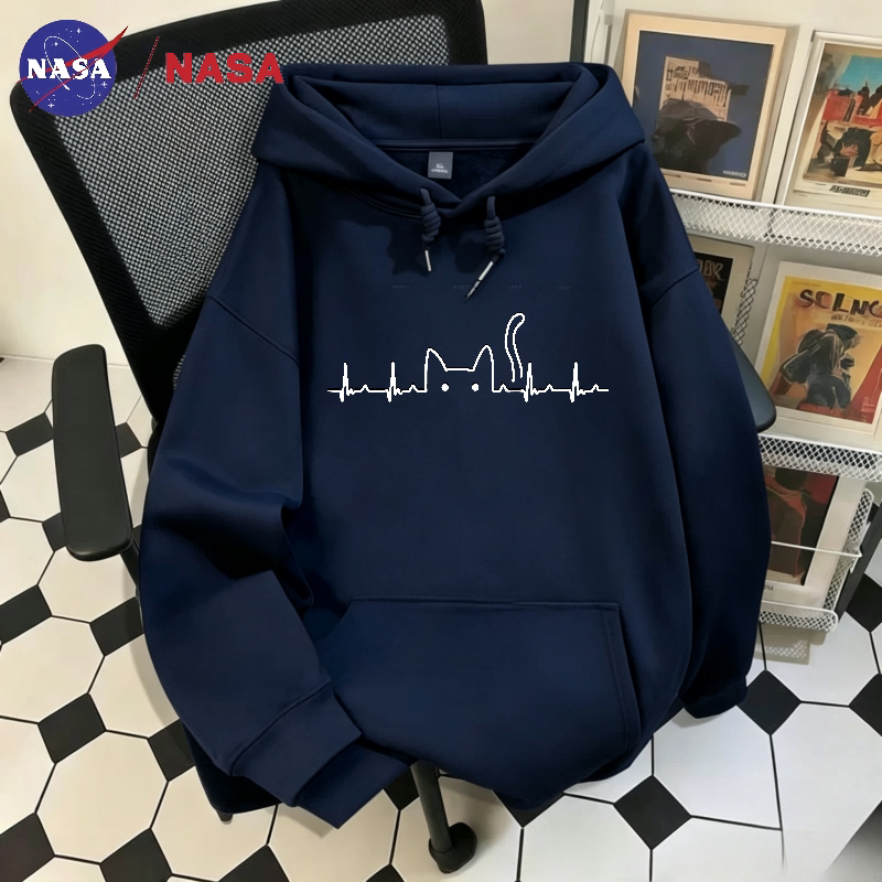 Nasa American-Style Heartbeat Line Cat Trendy Brand Hooded Sweatshirt for Men and Women, New Heavy Silver Fox Fleece Jacket for Autumn and Winter, Couple Style