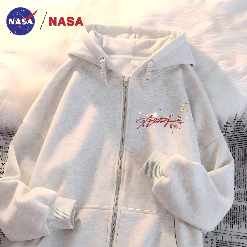 NASA美式花卉印花重磅帽衫拉链外套男女秋冬重磅新款加绒开衫卫衣