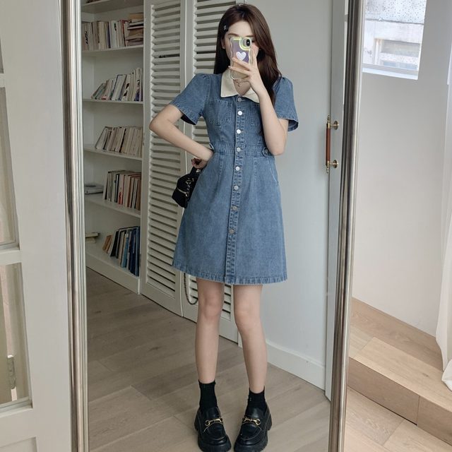 Rose Girl i spring and summer new casual POLO collar slimming contrast stitching denim dress for women