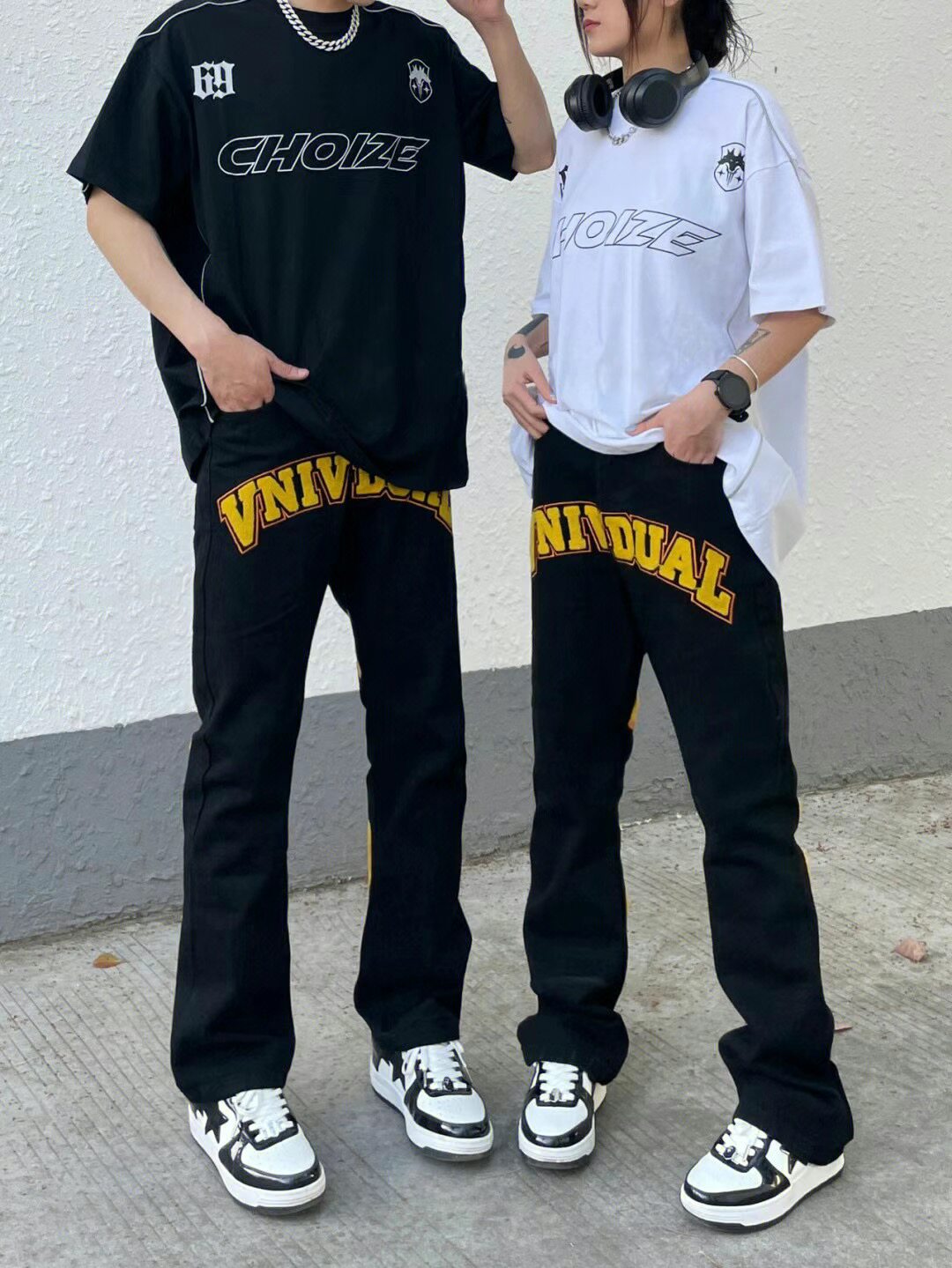 美式复古植绒刺绣牛仔裤男设计感小众高街vibe风宽松直筒情侣长裤详情2