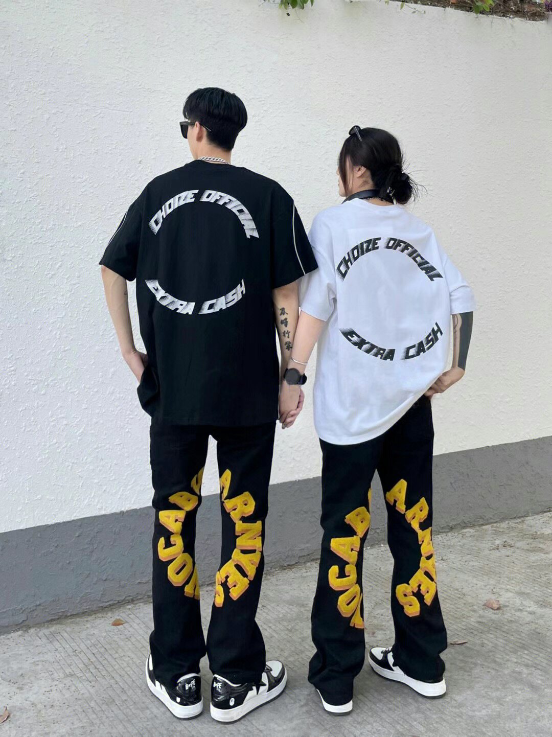 美式复古植绒刺绣牛仔裤男设计感小众高街vibe风宽松直筒情侣长裤详情3