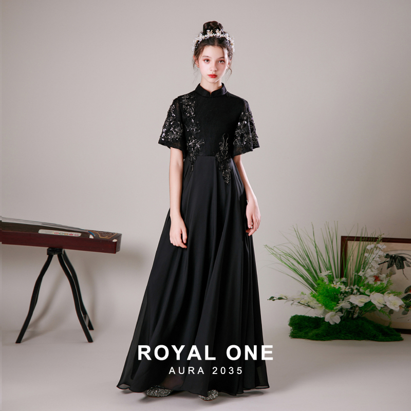 Black Guzheng Dress New Cross-Border Style Girl's Elegant Slim Long Dress for Hostess Runway Show Piano Performance