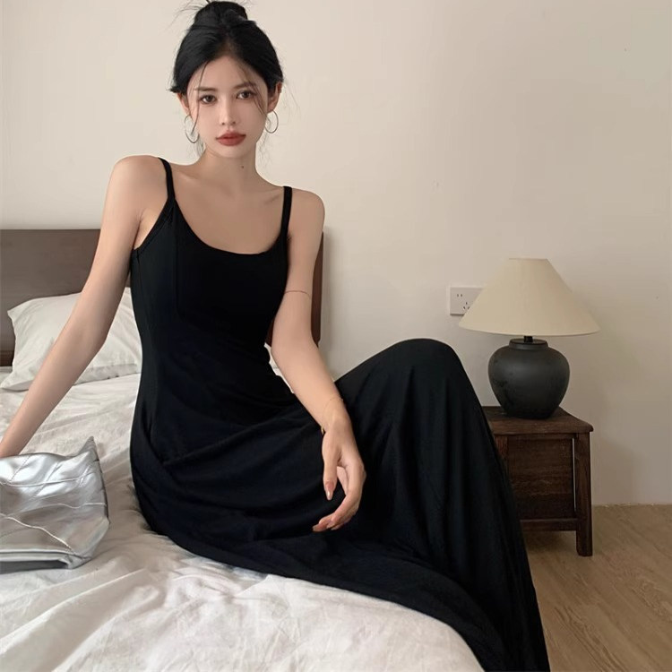 Pure Desire Style U-Neck Tie Chest Pad Camisole Dress for Women, Summer Waist-Cinching Sexy Backless Elegant Gray A-Line Long Dress