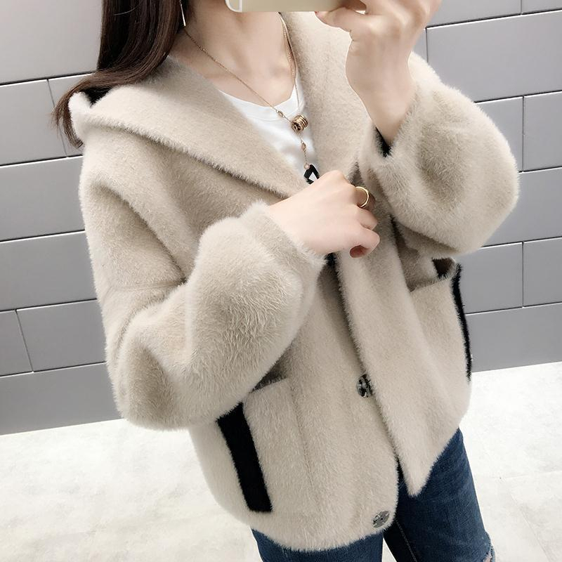 2024 New Women's Short Outwear, Hooded Mink Velvet Outer Cardigan, Autumn and Winter Loose and Versatile Sweater Jacket