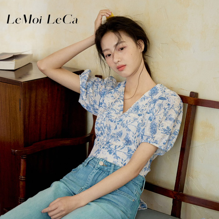 Gui Bai Lemoileca Summer French Floral Vacation Style Lace-Up Waist-Revealing Slimming V-Neck Puff Sleeve Short Top Gui Bai Lemoileca Summer French Floral Vacation Style Lace-Up Waist-Revealing Slimming V-Neck Puff Sleeve Short Top