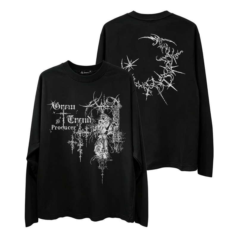 Trend Grew Original Portrait Punk Print American-Style Distressed Top Short Loose Long-Sleeved Round-Neck T-Shirt