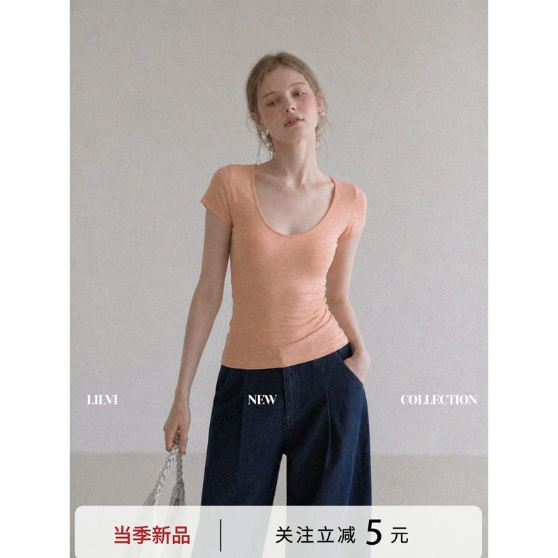 Lilvi Simple and Versatile U-Neck Exposed Collarbone T-Shirt for Women, New Summer Style, Orange-Pink, Regular Shoulder, Short-Sleeved, Slim-Fitting Top