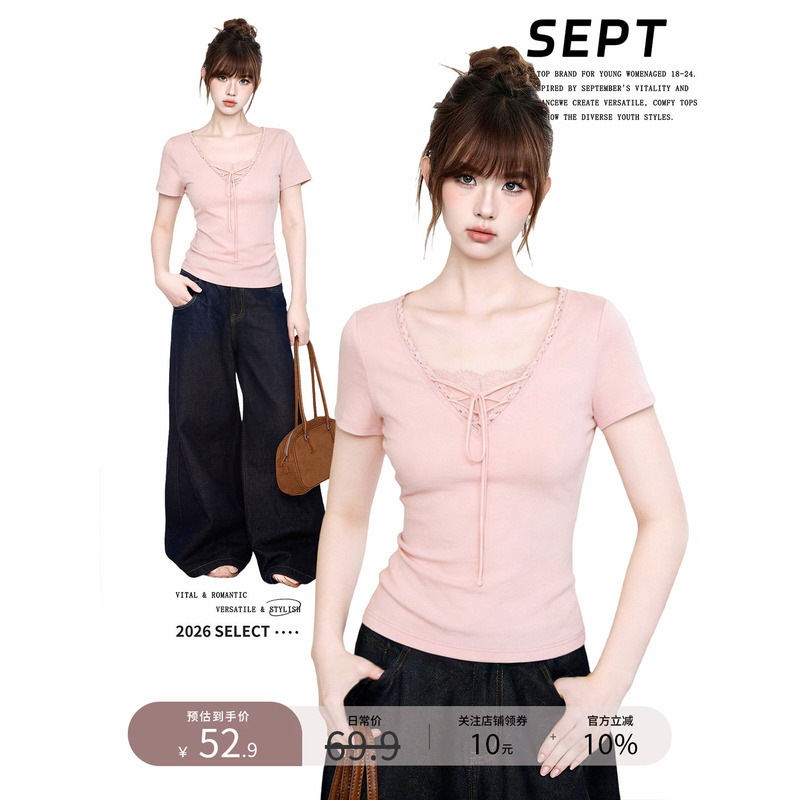 Sept Ballet Style Korean Pink T-Shirt with Lace Trim V-Neck Women's Top Spring and Summer 101.3kg Pieces Short-Sleeved
