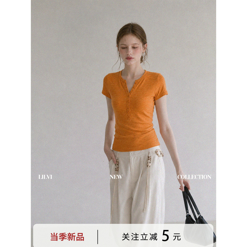 Lilvi High-End Orange Henry Collar Thin Knit Short-Sleeve T-Shirt for Women, Summer V-Neck Slim Fit Top