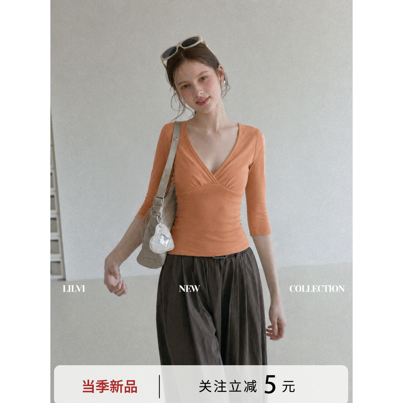 Lilvi Orange V-Neck Cross-Design Five-Quarter Sleeve Slim-Fit T-Shirt for Women, Korean Style, Regular Shoulder Short-Sleeve Top for Summer Lilvi Orange V-Neck Cross-Design Five-Quarter Sleeve Slim-Fit T-Shirt for Women, Korean Style, Regular Shoulder Short-Sleeve Top for Summer