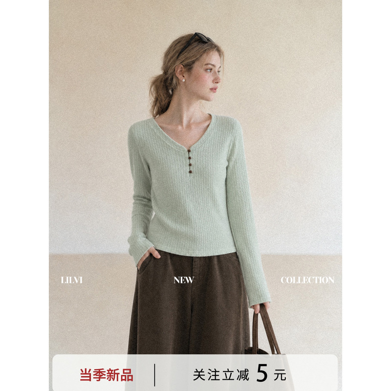 Lilvi Green V Neck Long-Sleeved Knitwear for Women 2026 Autum Slim-Fitting Pullover Single-Wear Bottoming Shirt with Inner Top Lilvi Green V Neck Long-Sleeved Knitwear for Women 2026 Autum Slim-Fitting Pullover Single-Wear Bottoming Shirt with Inner Top