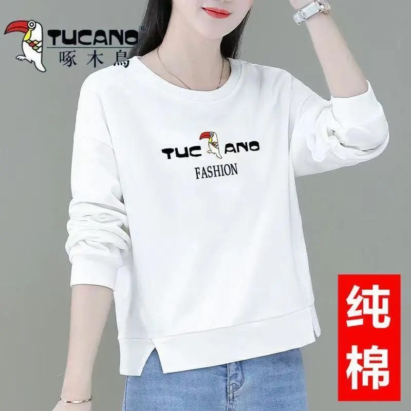 Woodpecker Pure Cotton Thin Sweatshirt for Women 2026 Spring and Autumn New Loose Slimming Versatile Stylish Long-Sleeve Top for Women