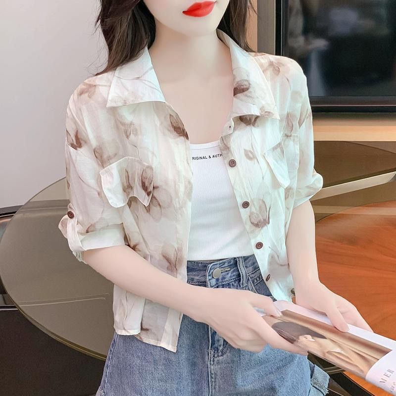 Ink Painting Print Sun Protection Cardigan for Women 2025 Summer Thin Elegant Polo Collar Short Shirt Air Conditioning Shirt Top