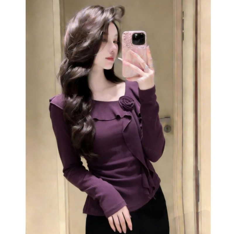 2026 Hot-Selling Design with a Unique and Chic Feel, High-End Korean-Style Three-Dimensional Floral Long-Sleeve Ruched Waist-Slimming Top