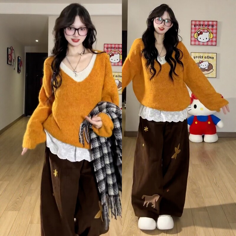 Korean-Style High-End Sportswear Set for Women, Autumn Loose and Casual Sweater Knit Top with Wide-Leg Pants, Two-Piece Casual Set